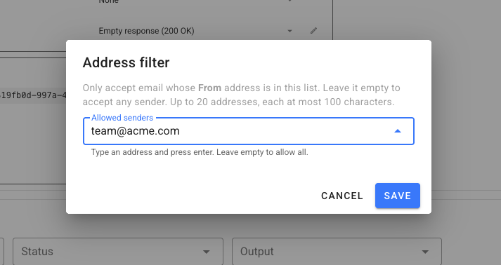 Setting an allowed From-addresses filter on an email input
