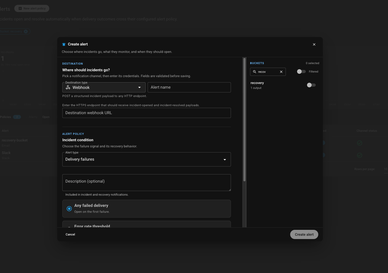 Create alert dialog — destination, alert policy for delivery failures, and bucket selection
