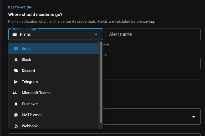 Alert destination types: Email, Slack, Discord, Telegram, Microsoft Teams, Pushover, SMTP email, Webhook