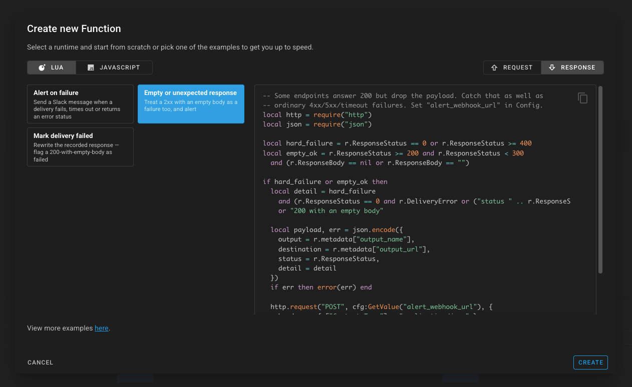 Creating a response function from the RESPONSE tab, with ready-made example templates