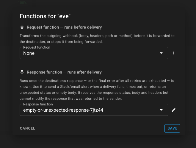 Attaching a response function to an output — the Functions dialog has separate request and response dropdowns