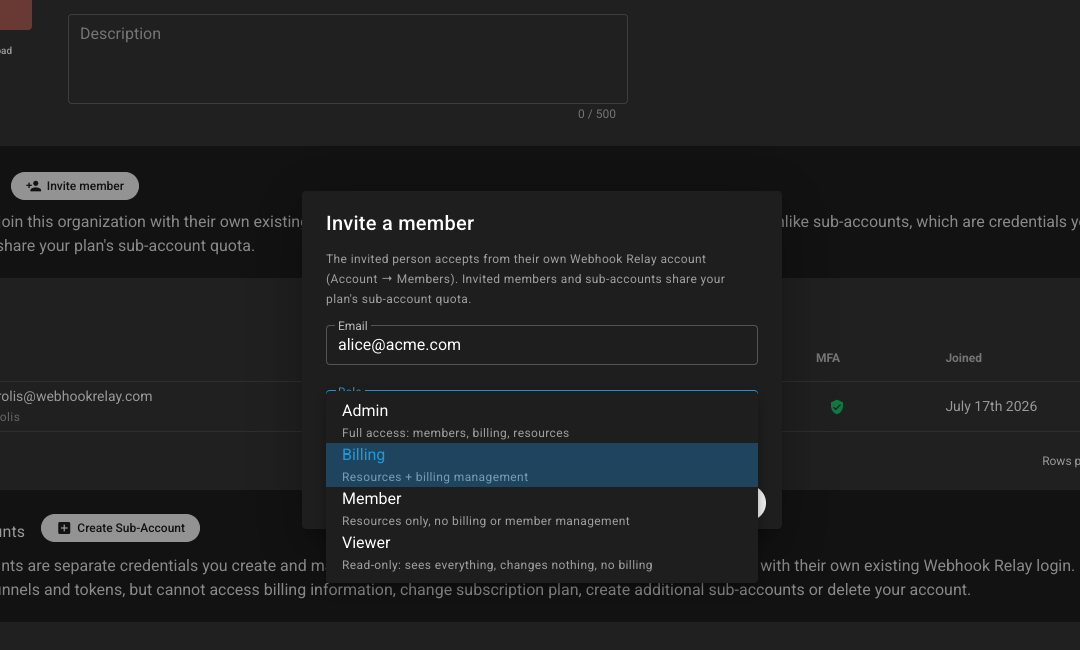 Invite a member dialog with role options: Admin, Billing, Member and Viewer