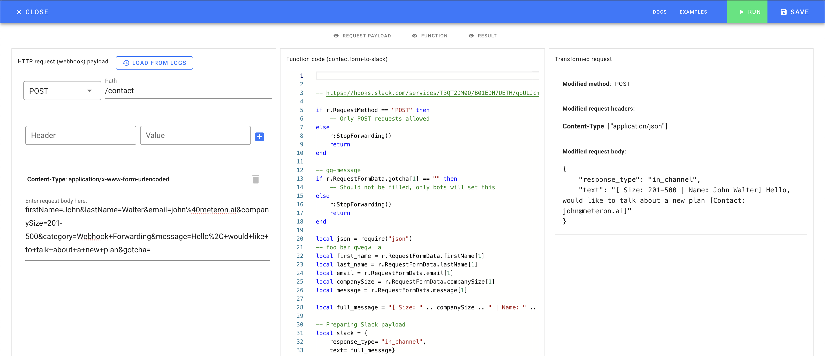 transform webhooks editor