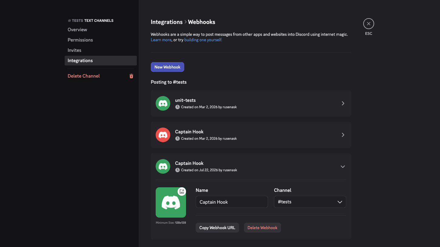 Creating a webhook in Discord under Integrations → Webhooks — the New Webhook button, the webhook's name and channel, and the Copy Webhook URL button