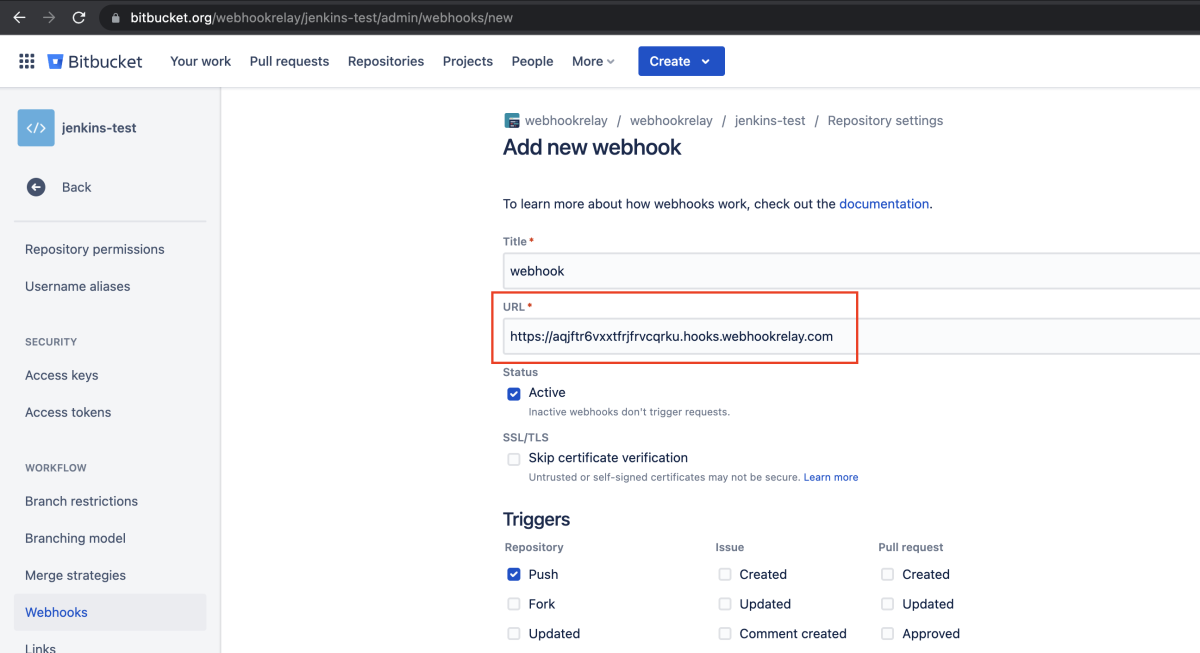 Bitbucket webhook configuration section