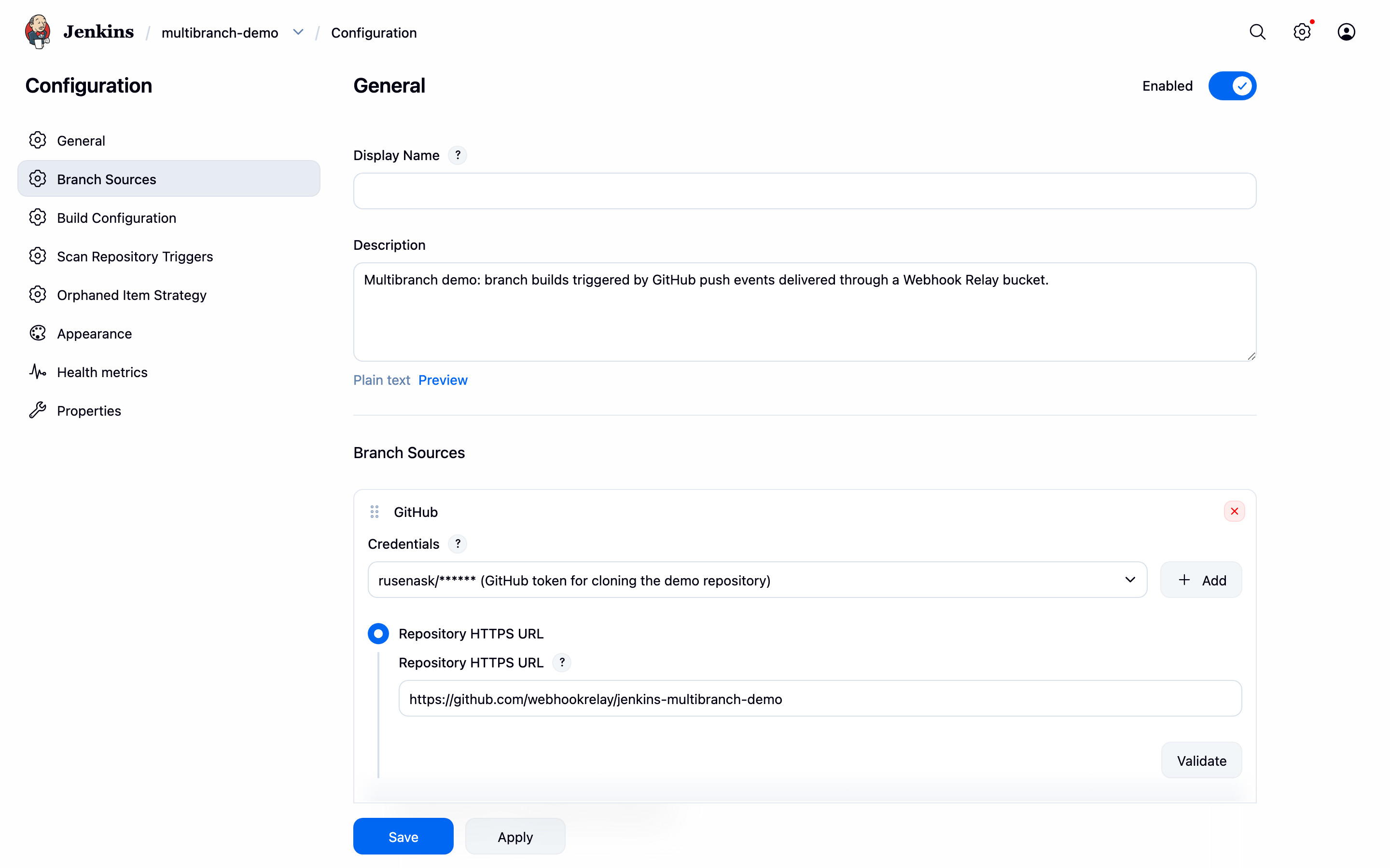 Branch source — GitHub repository