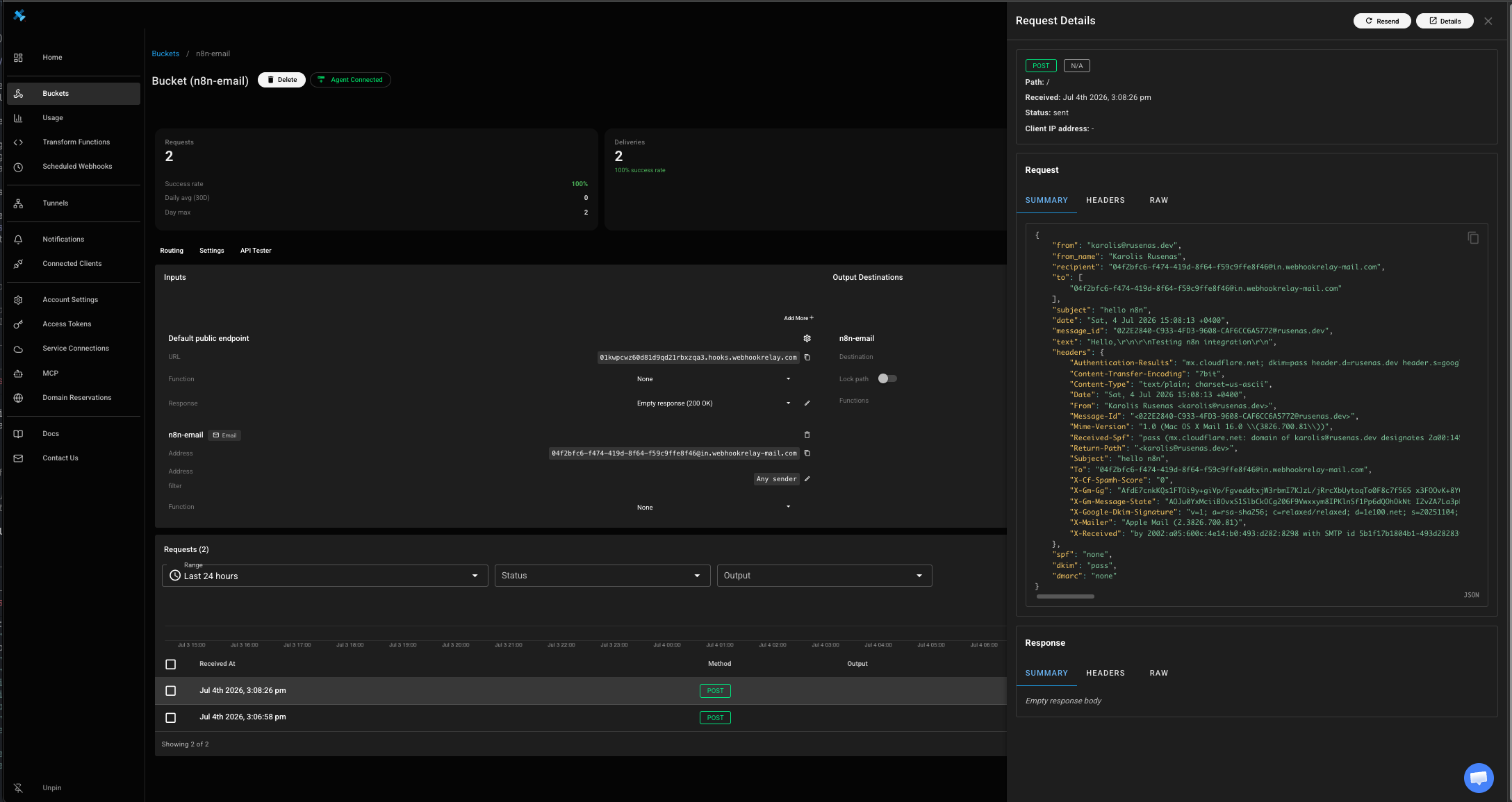 Parsed inbound email in the Webhook Relay dashboard