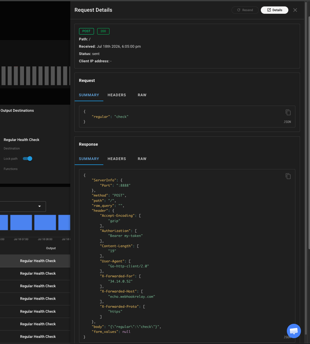 Full request and response detail for a single webhook delivery, including headers and body